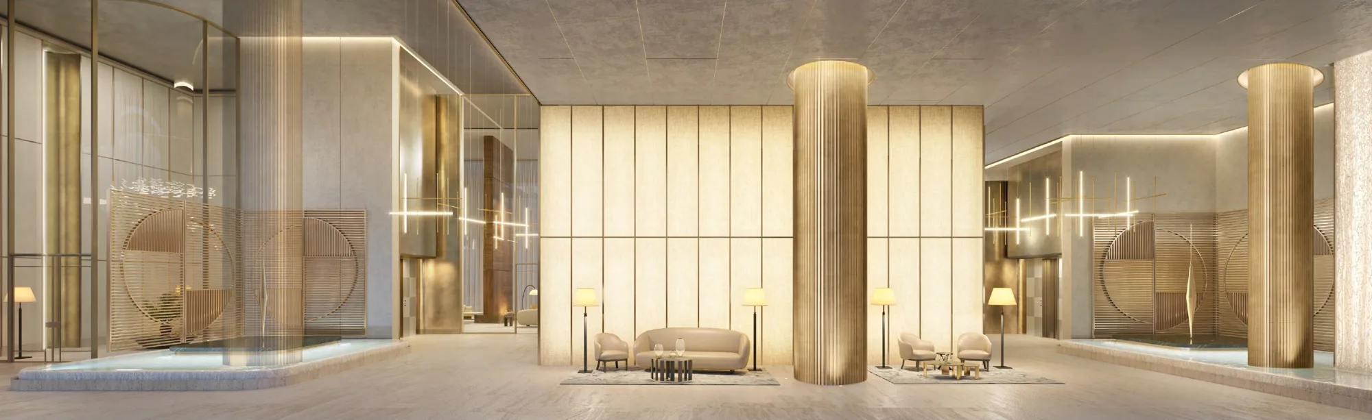 Perspectiva ilustrada: Lobby residencial, torre Venezia