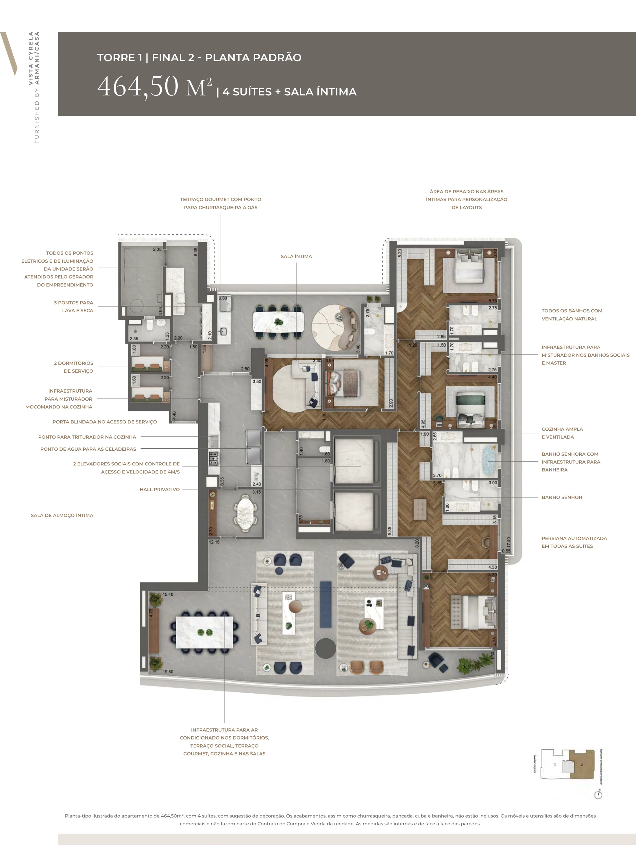 Planta planta padrão do apartamento de 464,50 m², Final 2: 4 suítes + sala íntima
